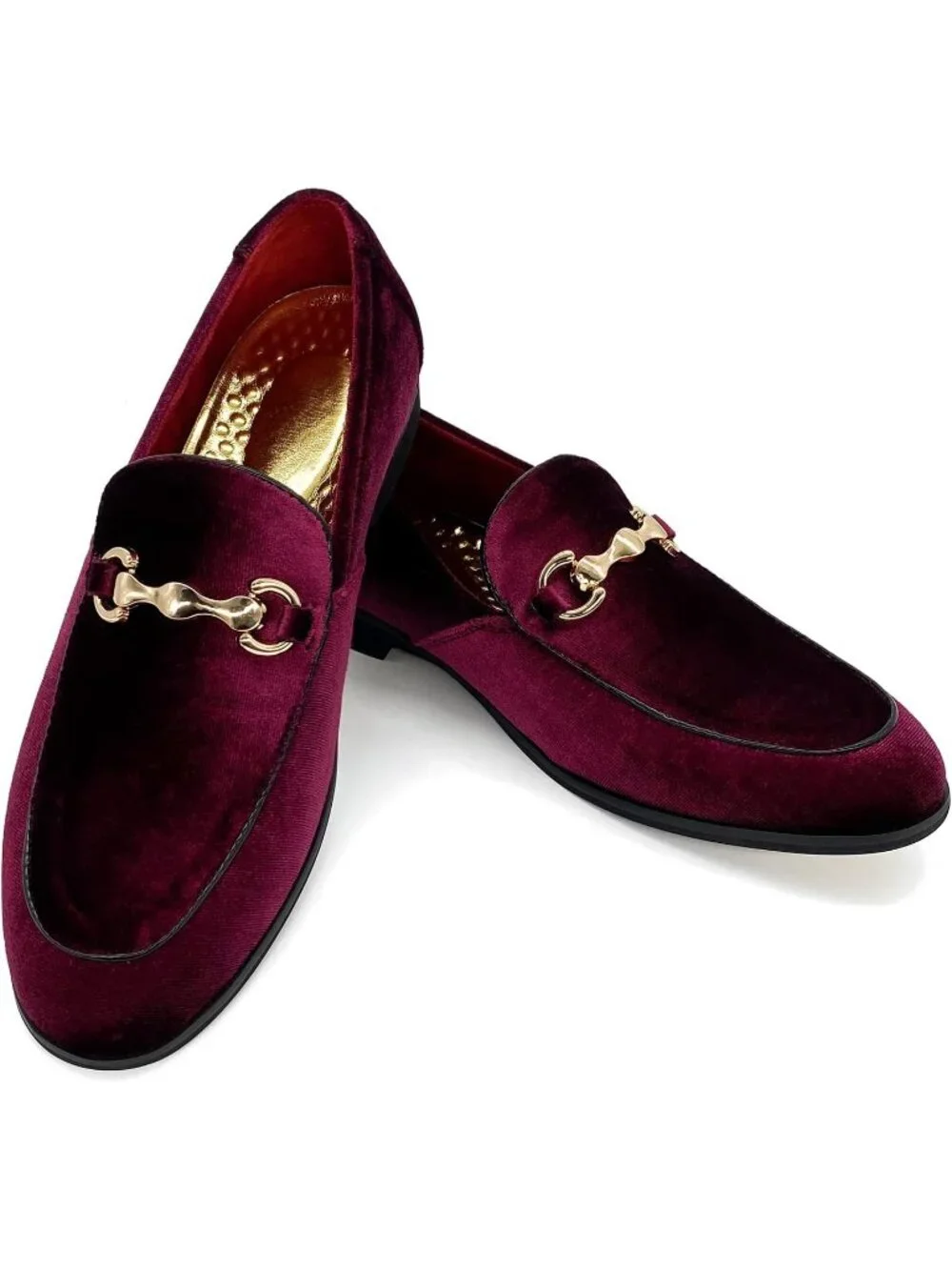 Men's Burgundy Velvet Glitter Suede Gold Bit Slip On Loafer Slipper Dress Shoes